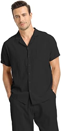 תלבושות מכנסיים של חולצת פשתן RPOVIG: פשתן גברים מגדירים 2 חלקים חולצות שרוול קצר