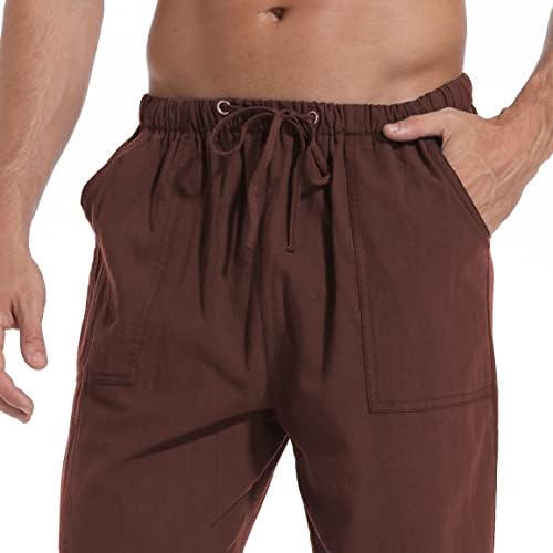 Perdontoo Mens מכנסי פשתן כותנה מזדמנים מותניים אלסטיים משיכת מכנסי חוף יוגה