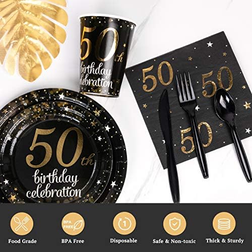 סט צלחות יום הולדת 50 ותפאורות מפיות וקישוטים למסיבות שחורות וזהב כולל רץ שולחן