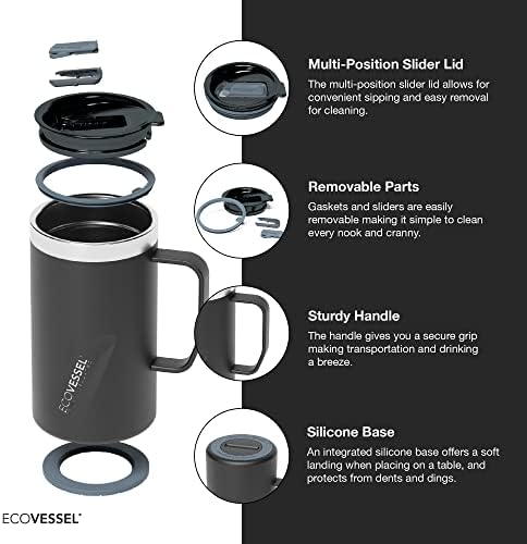Ecovessel Transit ספל נסיעות נירוסטה/ספל קפה עם מכסה מחוון וידית ארגונומית, כוס עם ספל קפה מבודד