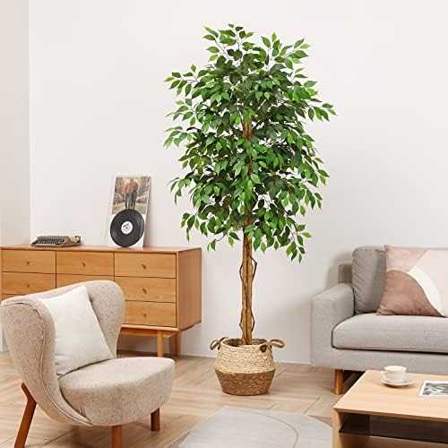 Soguyi 7ft ficus עצים מלאכותיים עם עלים ריאליסטיים וגזע, עץ פיקוס מזויף משי עם סיר משתלת פלסטיק, עץ