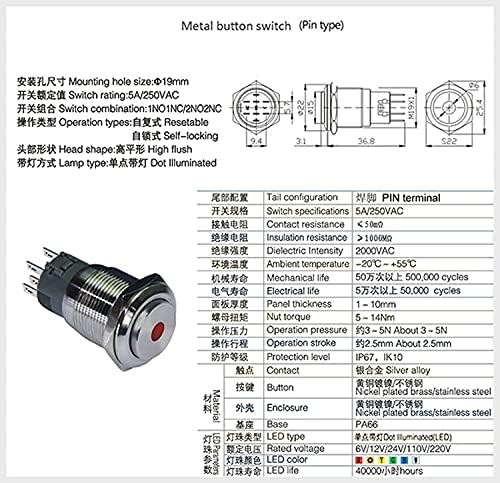5 pcs/lot ib 1923 19 ממ עלייה גבוהה לרגע רגעי/נעילה עצמית מנורה 12V נקודה LED מתג כפתור כפתור מתכת-