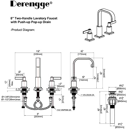 Derengge F-0288-MT שני ידית ברז אמבטיה נרחב, ברז כיור אמבטיה 8 אינץ