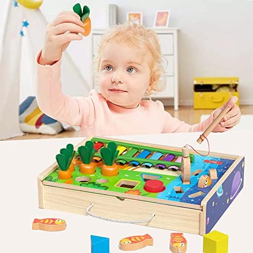 צעצועי עץ של מונטסורי לפעוטות-צעצוע חינוכי 4-in-1 עם מיון צורות, כישורי מוטוריים עדינים, קסילופון