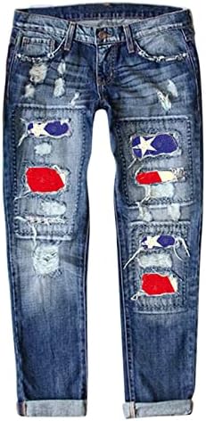מיאשוי ז 'אן לאישה נשים ג' ינס עצמאות יום הדפסת קרע מכנסיים ג ' ינס