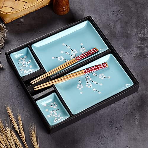 גנאפנן בסגנון יפני סגנון סושי חרסינה כחול סט עם צלחות 2xsushi, כלים מטבל, עמדות מקל, חבילת מתנה של