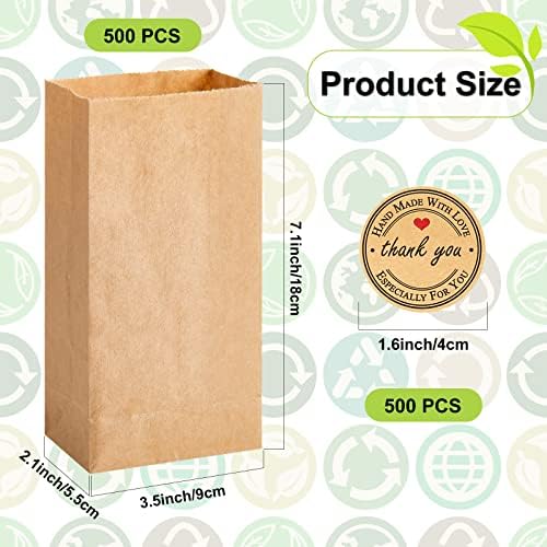 500 יחידות מיני שקיות חטיף נייר קראפט שקיות אוכל חומות 3.5 על 2.2 על 7.1 אינץ ' שקיות פינוק נייר קטנות עם 500