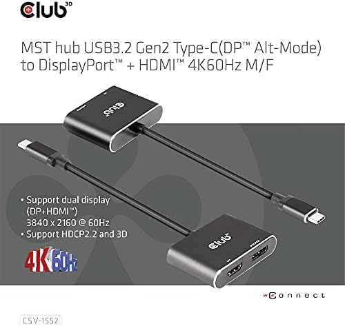 Club 3D 2 Port Multi Monitor מתאם USB סוג C לתצוגה 4K 60 הרץ ו- HDMI 4K 60Hz Splitter- USB סוג C לתצוגה