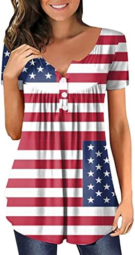 4 ביולי טוניקות לנשים דגל אמריקאי להסתיר בטן שומן חולצות חולצות קיץ מקרית קצר שרוול כפתור עד צוואר חולצות