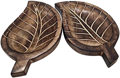 מגש עץ מנגו בעבודת יד קטן מגש צורת עלים מגש לחטיפים, קינוחים כלי שולחן דקורטיביים של 2 אינץ '10''x6'