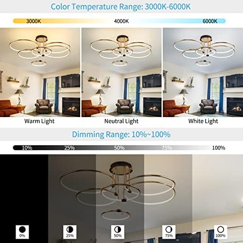 Ruibooxin LED אורות תקרה 90W נברשת LED מודרנית לעומק עם שלט רחוק 6 טבעות זהב סומק מתקן מנורת תקרה לסלון חדר