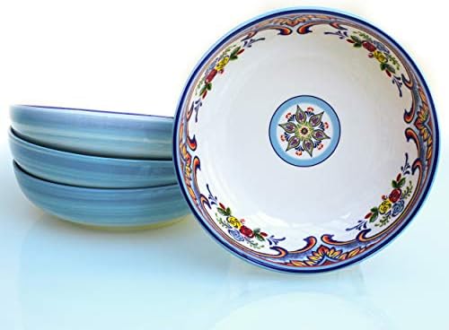 אירו Ceramica Zanzibar קולקציית 16 כלי אוכל מטבח ואוכלים, שירות ל -4, רב -צבעוני, כחול וצהוב אוסף קערות פסטה,