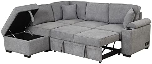 מיטת ספה רדומה בצורת ספת חתך עם אחסון עות ' מאנית ושזלז לסלון, מושבי אהבה לדירה קטנה, אפור
