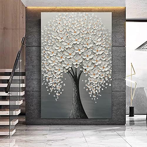 ציורי שמן יוטרי, פרחים אפור-לבנים בגודל 24x36 אינץ