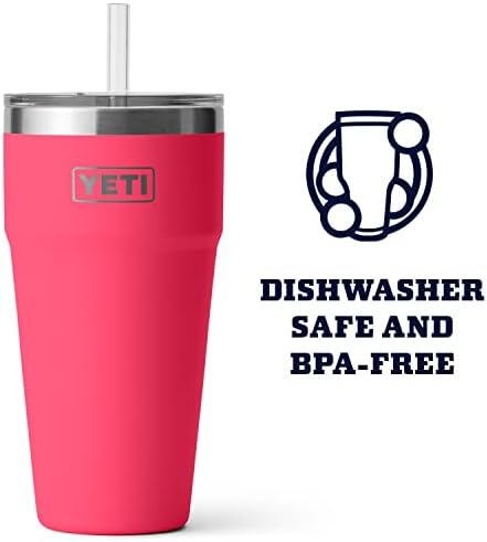 Yeti Rambler 26 עוז כוס קש, מבודד ואקום, נירוסטה עם מכסה קש, בימיני ורוד