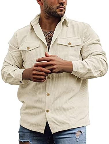Zddo Mens Single Single Single Corduroy חולצות כיסים כפולים כפתור רטרו רטרו למטה.