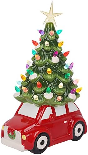 עץ חג המולד של קרמיקה קרמיקה, עץ חג המולד של שולחן השולחן עם אורות רב צבעוניים, מכונית אדומה וינטג 'בגודל