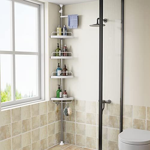 פינת מקלחת נושא כלים מוט מתח: מתכוונן נירוסטה מקלחת ארגונית עם 4 קומות מדף לאמבטיה אמבטיה אמבטיה שמפו-רצפת