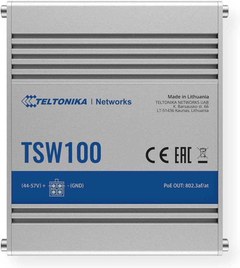 Teltonika TSW100000030 POE+ Unlainding Industrial Unmaked, Au PSU, 4 יציאות פו, דיור אלומיניום מחוספס,