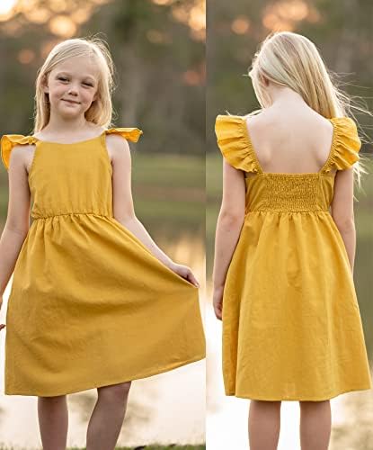 ארשיינר בנות פשתן פרוע שמלה חסרת גב שרוול רפרוף א-קו שופע שמורה במשך 4-12 שנים ילדים