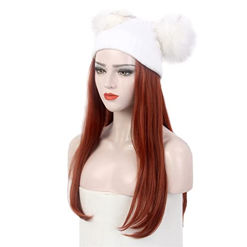 נשים שיער כובע לבן סרוג כפול כדור כובע פאת חורף חם ארוך ישר אדום פאה כובע