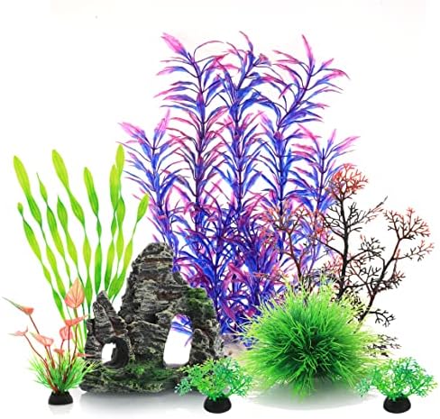קישוטי אקווריום קישוטי האקווריום צמחים עם שרף מערת רוק נוף, 6 יחידות קישוטי צמחים פלסטיק, דגי טנק אבזרים