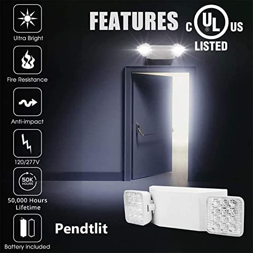 תאורת חירום מסחרית של Pendtlit, UL Certified, מתקן תאורת חירום לבן עם 2 ראשים מרובעים LED מתכווננים