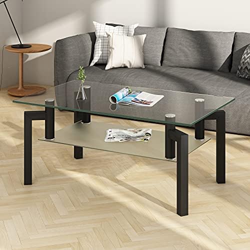 שולחן קפה מרובע שקוף עם אחסון לסלון עם רגלי מתכת, שחור / מלבן1