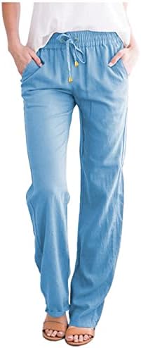 מכנסי פשתן כותנה קיץ מזדמנים לנשים מכנסי רגל רחבים עם כיסים צבע אחיד עם מכנסי רגל ישר מכנסי חוף מכנסי