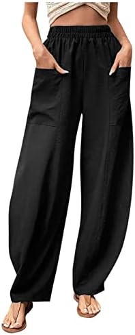 פשתן מכנסיים לנשים מקרית אלסטי מותניים מודפס רופף כיסי מכנסיים 2023 קיץ גדול רחב רגל רצים
