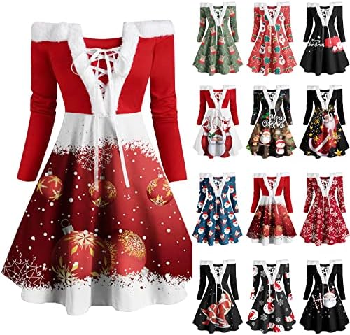 חג המולד ארוך שרוול שמלה לנשים סנטה קלאוס קטיפה צוואר כריס צלב שמלות סקסי כבוי כתף מיני שמלה