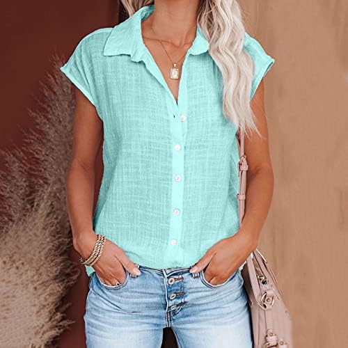 חולצות שרוול קצר של נשים נ 'צוואר צווארון כפתור מטה חולצה בקיץ צבע מוצק צמרות רופפות עם כיס