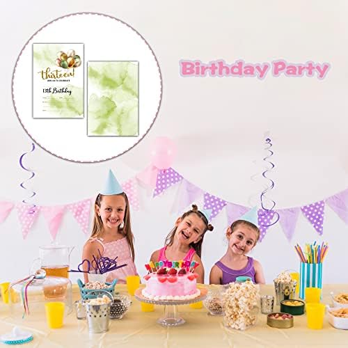 הזמנת מסיבת יום הולדת לבלונים 13, אוליבר ירוק בצבעי מים בצבעי מים זהב הזמנות למילוי הזמנות לבנים