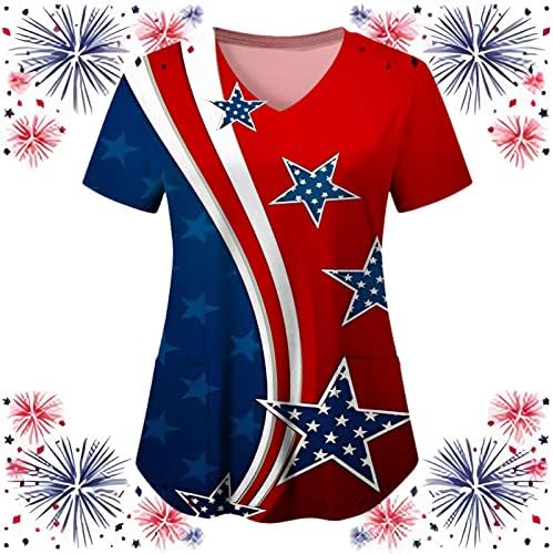 Viyabling 4 ביולי דגל אמריקה דגל אמריקאי קפלים על גבי שרוול נפוח קפלים קיץ V צוואר חולצות טיר חולצות