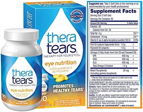 Theratears 1200 mg omega 3 תוסף לתזונה לעיניים, זרעי פשתן אורגניים טריגליצרידים שמן דגים & Vit e, 90 ספירה