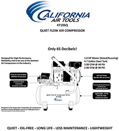 כלי אוויר בקליפורניה 4710 זרימה שקטה 1.0 כוח סוס, 4.7 גל. מדחס אוויר מיכל פלדה עם צינור אוויר