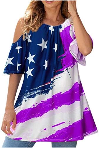 QCemeni נשים 4 ביולי טוניקה צמרות כתף קר חולצות יום עצמאות חולצות דגל אמריקאי פטריוטי חולצות קיץ