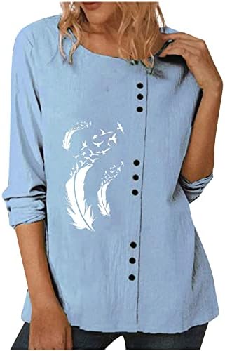 חמניות חולצה לנשים מקרית צוות צוואר כפתור כותנה פשתן טוניקת חולצות רופף מזדמן ארוך שרוול מוצק