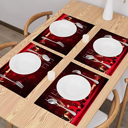 סט מפיות לב ורד ליום האהבה סט 4 מחצלות מקום לשולחן אדום לקישוטים מקורה לשולחן אוכל לחג 12 על 18 אינץ