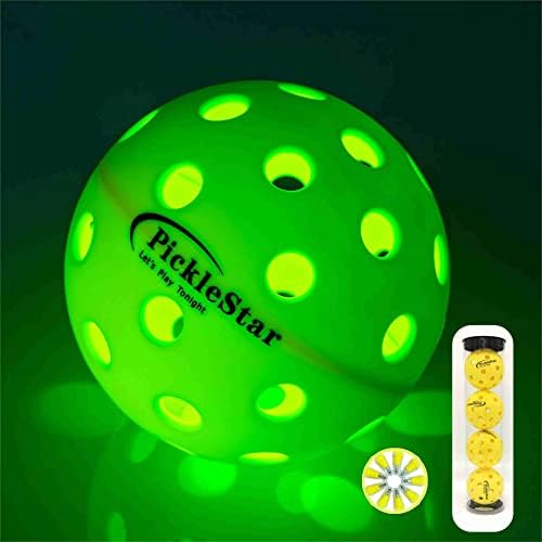 Picklestar 2 LED מדליקים כדורי חמוצים חבורים עם 2 כדורי חמוצים חיצוניים רגילים חבורים עם סוללות חלופיות