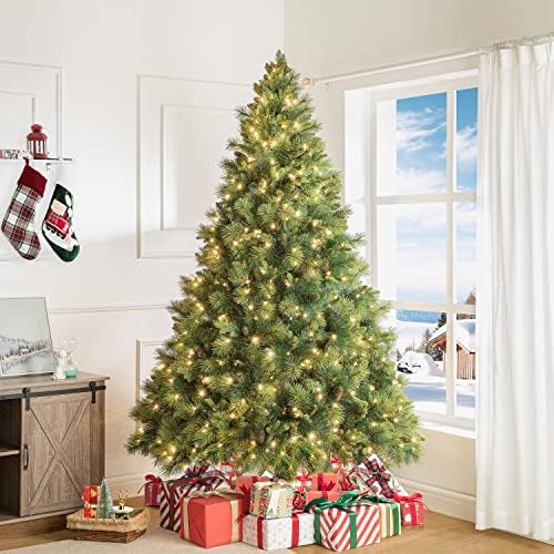 נעמי בית 7.5ft עץ חג המולד מואר לפני מואר, עץ חג המולד המסורתי המציאותי עם חרוטים אורנים, דוושת כף רגל