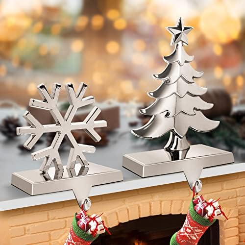 מחזיקי גרב לחג המולד של קופטאופ למערכת מנטל של 2, פתיתי שלג ועץ חג המולד מחזיקי גרב מכסף מתכת למעטפת, מחזיק