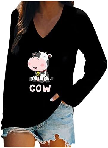 עליון אופנה של Ylioge לנשים פרות צוואר V- צוואר מזדמנים מודפסות חולצת טריקו עם שרוולים ארוכים