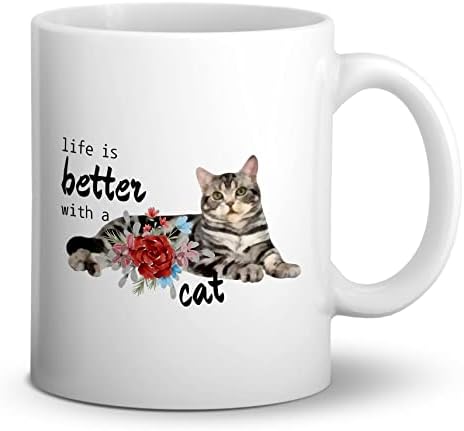 חתול השראה קרמיקה ספל-11 אונקיות חמוד פרחוני חתול קיטי קפה חלב תה ספל כוס, מתנות עבור חתול אוהבי