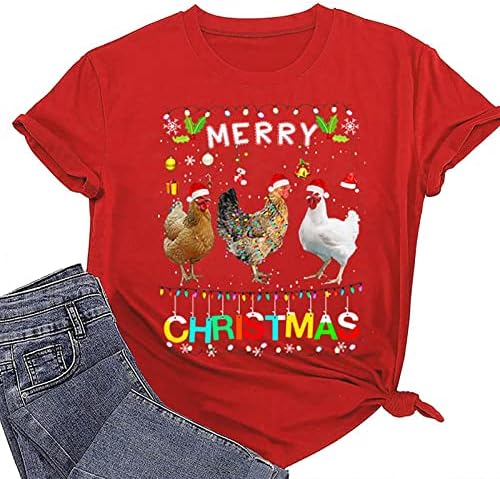 חג המולד חולצה לנשים החג שמח עוף גרפי טי חולצות סנטה כובע אורות חולצות חג המולד מצחיק חולצה
