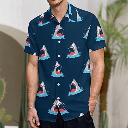 כריש דפוס גברים של קצר שרוול חולצות מקרית כפתור למטה חולצות לגברים קיץ חוף טיז עם כיס