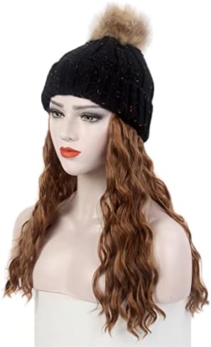 לרכוש אופנה גבירותיי שיער כובע אחד שחור סרוג כובע פאה ארוך מתולתל חום פאה וכובע אחד