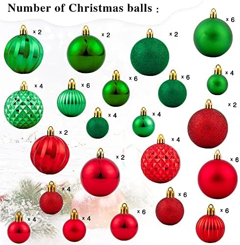 92 יחידות קישוטי כדור חג מולד אדום וירוק, כדורים תלויים שונים עם חג המולד מוגדרים עם שרשרת חרוז
