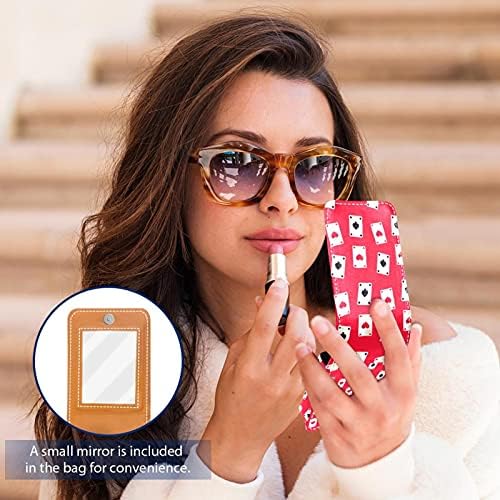 שפתון מקרה עם מראה משחק כרטיסי ורוד גלוס מחזיק נייד שפתון אחסון תיבת נסיעות איפור תיק מיני עור קוסמטי פאוץ מחזיק