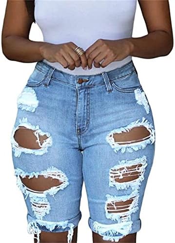 Jeshifangjiusu נשים ברמודה מכנסיים קצרים ג 'ג'ינס אמצע עלייה נמתחת מכנסיים קצרים קרוע